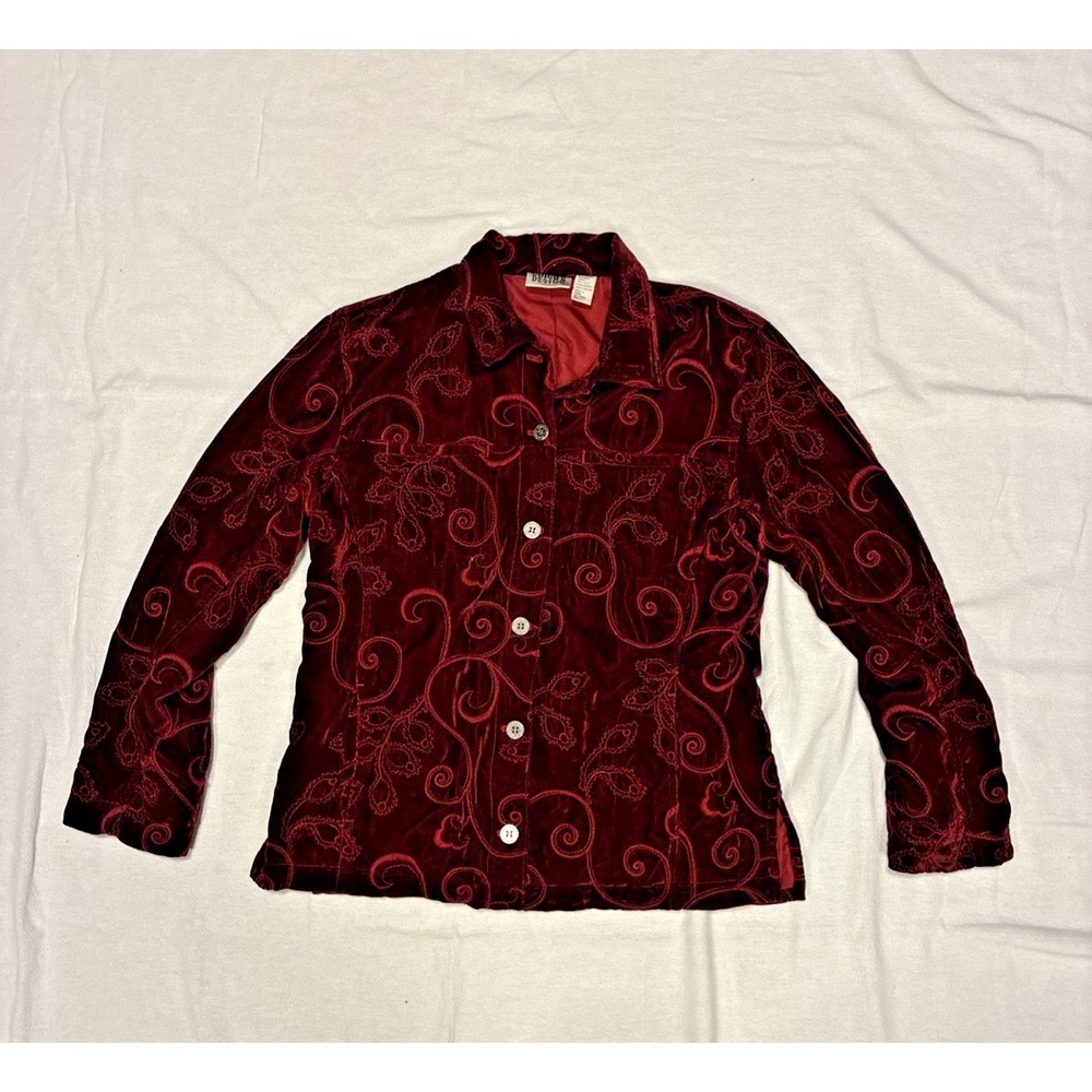 VTG Women's Jacket Shacket Med Red Velvet‎ Patterned Button-down Whimsigoth Boxy